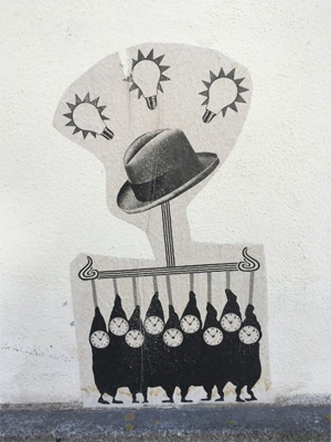 Collage mit Glühbirnen, Uhren und Hut – symbolisches Bild für inneren Druck, Gedankenflut und Zeitstress